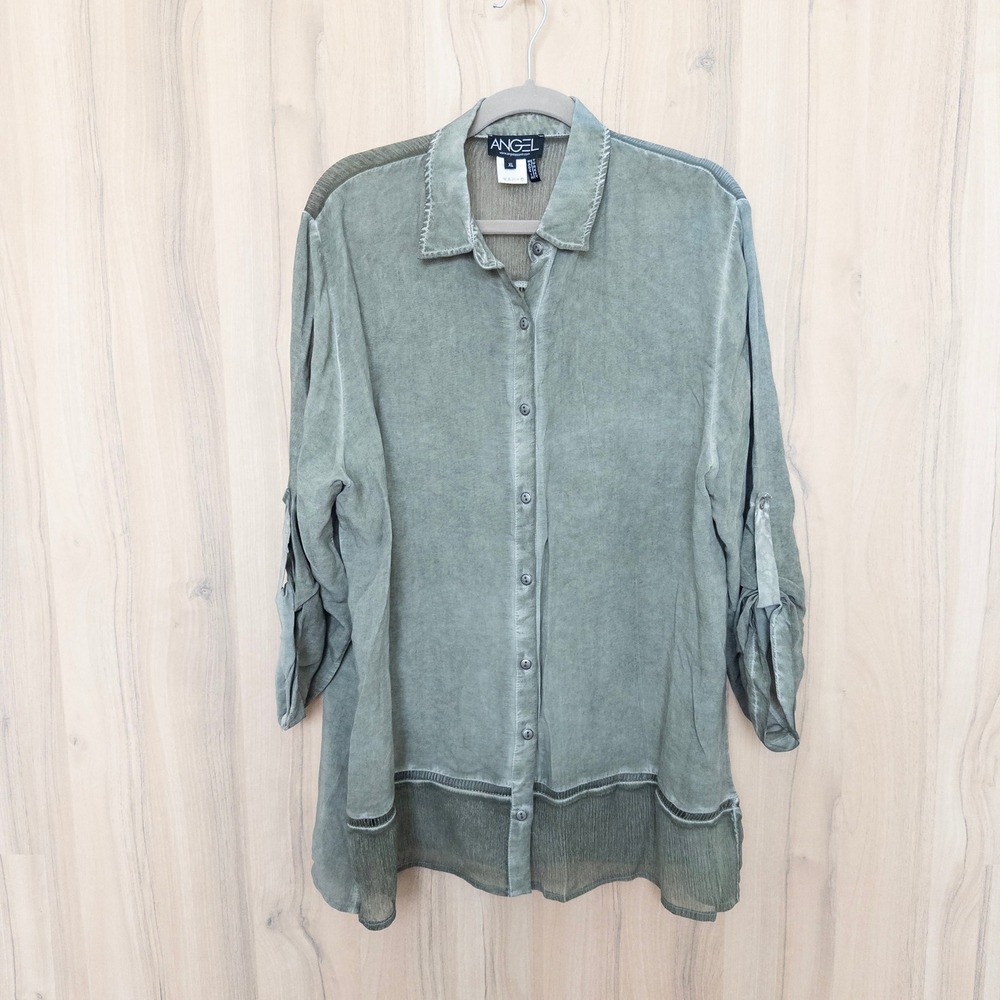 Angel Womens Button Down Shirt XL Green Sheer Panel Lagenlook Earthy Minimalist